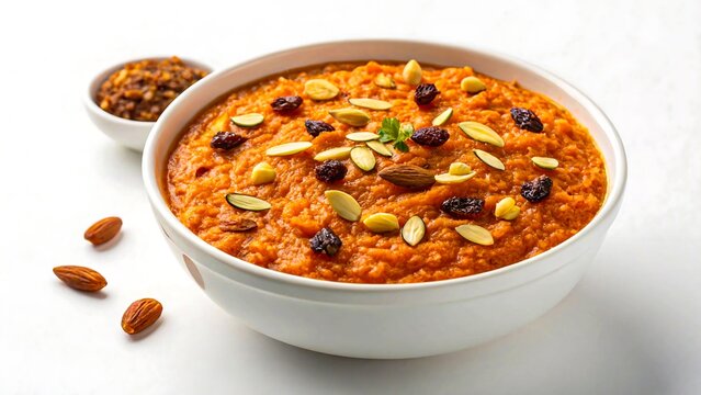 Delicious Indian gajar ka halwa garnished with almonds, pumpkin seeds, and dry fruits served in white bowl
