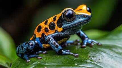 Fototapeta premium Vibrant Poison Dart Frog Perched on a Lush Leaf.