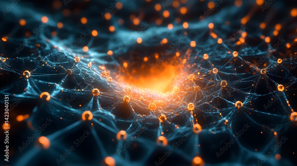 Wall mural abstract glowing network nodes connect forming a vibrant energy vortex in deep space digital art.