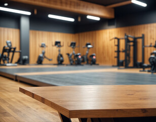 Empty wooden table with blur modern gym interior with sport fitness equipment