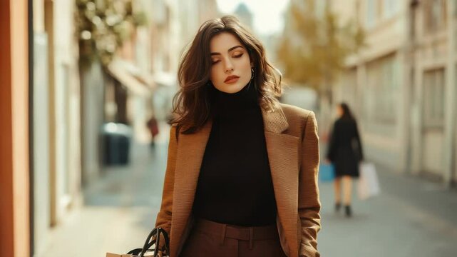 Female lifestyle fashion portrait. beautiful attractive young woman girl enjoy stylish walk with shopping bag packages on the department store, trendy outfit on shopping mal