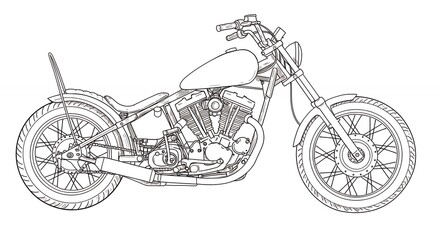 Classic chopper motorcycle line art illustration detailed engineering drawing