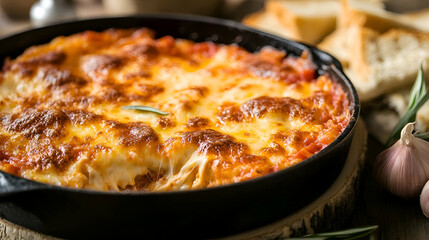 Sizzling skillet of cheesy indulgence, homemade tomato sauce, garlic, rosemary, served with bread
