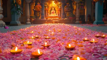 A path of flickering lights and rose petals, illuminated prayer space.