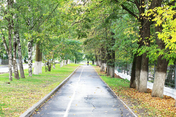 city park without people on an autumn day, bright rays of the sun shine through the crowns of maple trees