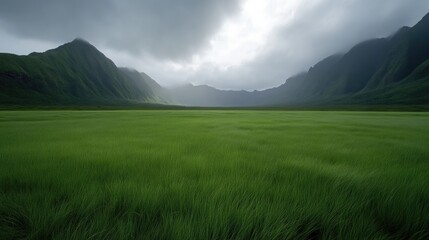 Obraz premium Lush green grass field spreads across a wide valley surrounded by misty volcanic mountains under a dramatic cloudy sky.