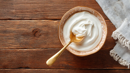 Creamy yogurt in decorative bowl with gold spoon on rustic wood