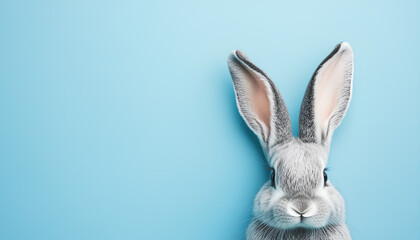 Cute gray rabbit ears on a blue background, space for text