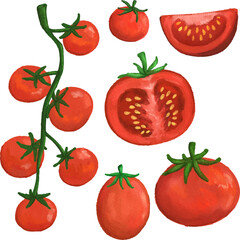 clip art cute watercolor illustration of red tomatoes with flower and leaf for background asset