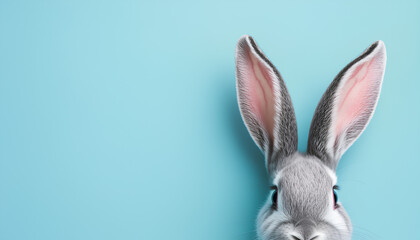 Obraz premium Cute gray rabbit ears on a blue background, space for text