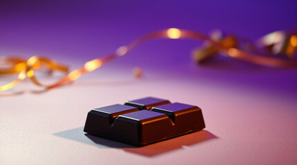 Delicate foil shimmer in the distance enhances the quiet presence of the chocolate in front.
