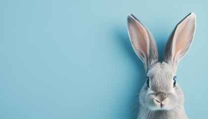 Cute gray rabbit ears on a blue background, space for text