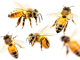 Four detailed close-up images showcase honeybees in various flight positions against a pristine white background ideal for educational or commercial