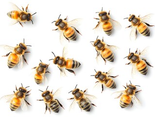 A high-resolution close-up image shows multiple honeybees arranged in a neat grid pattern against a pure white background.