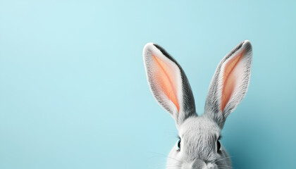 Cute gray rabbit ears on a blue background, space for text