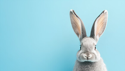 Obraz premium Cute gray rabbit ears on a blue background, space for text