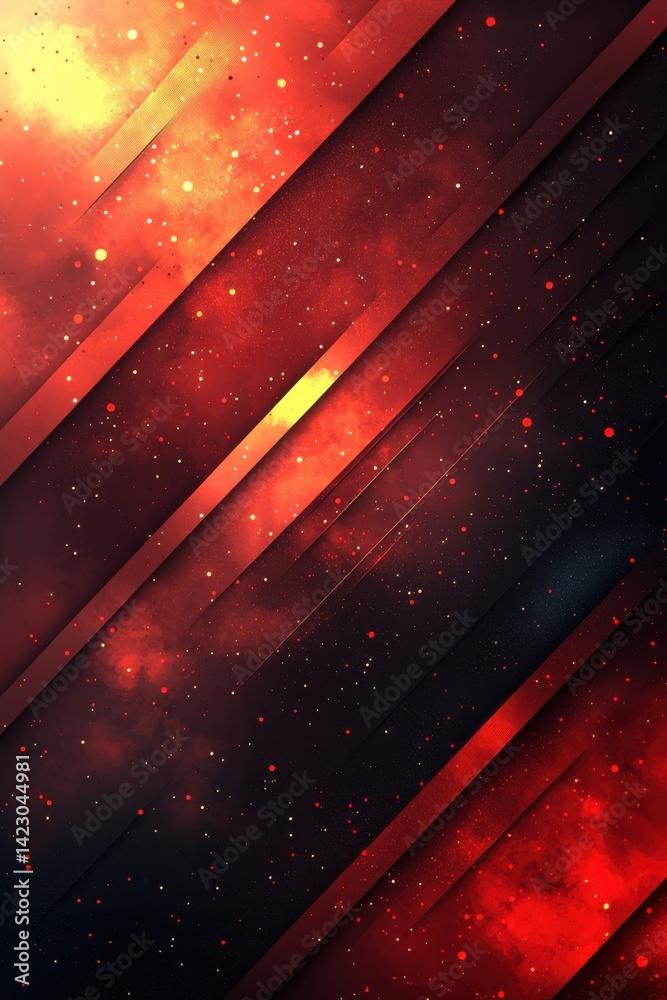 Poster abstract red background with diagonal lines and glowing particles