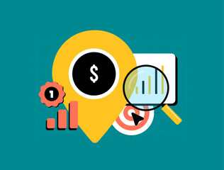 Find profitable location using local business directories, investment hotspots and real estate ROI insights to guide smart commercial decisions. Profitable location analysis vector illustration