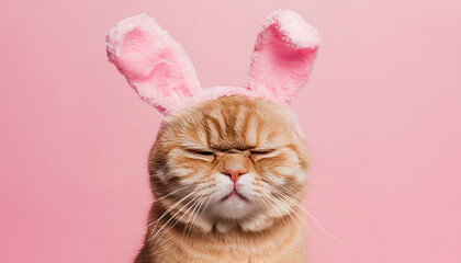 Portrait of a disgruntled cat with rabbit ears on a pink background. Easter concept
