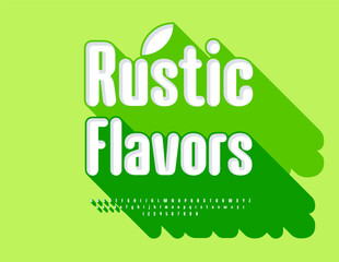 Vector Green template Rustic Flavors. Elegant Font with Big Shadow. Digital 3D Alphabet Letters and Numbers set.