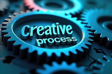 Close-up of a blue gear featuring creative process text
