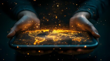 Two hands gently cradle a glowing tablet displaying a detailed world map illuminated with sparkling golden particles.