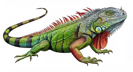 Fototapeta premium Vibrant green iguana reptile illustration detailed wildlife animal