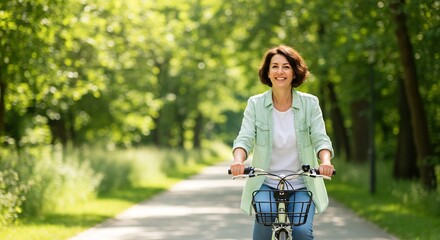 Happy middle-aged woman enjoying a bike ride in a sunny park, healthy lifestyle and active retirement concept