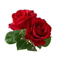 Naklejka premium Two vibrant red roses with green leaves, isolated on a clean white background