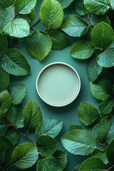 Green leaves framing a circular white container on a textured background