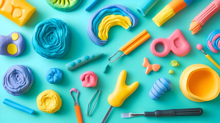 Vibrant clay assortment alongside modeling tools laid against a soft blue backdrop
