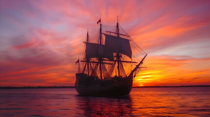 Fototapeta premium Majestic Tall Ship Sailing into the Sunset: A Voyage Through Time and Beauty