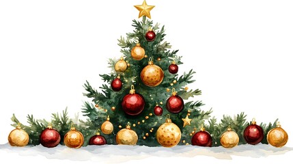 A watercolor painting of a Christmas tree decorated with red and gold ornaments sitting in the snow with smaller ornaments at its base.