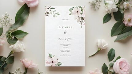 Elegant wedding ceremony program with floral details featu soft pink and white blossoms on a clean white background.