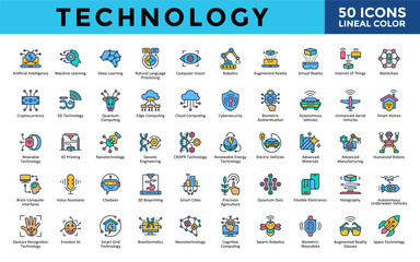 Technology icons set with artificial intelligence, machine learning, deep learning, natural language processing, computer vision, robotics, augmented reality icon. Simple lineal color vector 
