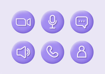 Icon Videocall. Set of 3d video chat and user interface symbols. Phone, sound, microphone, camera, call buttons isolated on purple background. Vector illustration in flat style.