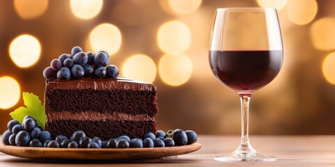 Fototapeta premium Chocolate Cake Slice with Grapes and Red Wine