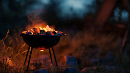Evening cookout scene with charcoal fire
