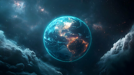 Fototapeta premium Radiant earth visualizes the vastness of space, surrounded by cosmic clouds