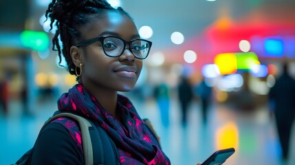 A young Black woman with glasses and a backpack smiles confidently while holding a smartphone in a brightly lit modern airport terminal.