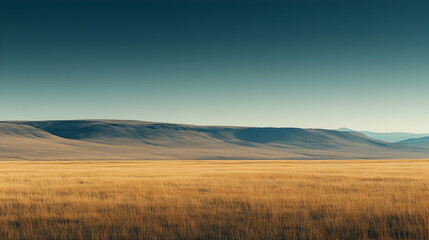 Obraz premium Vast golden grassland unfolds beneath a tranquil azure sky and distant hills