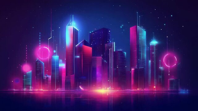 cityscape with space and neon light effect. Modern hi-tech, science, futuristic technology concept. Abstract digital high tech city design for banner backgroun