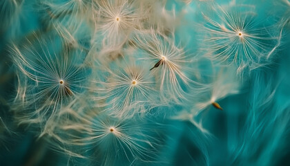 Beauty in nature dandelion seeds closeup blowing in blue green turquoise background. Closeup of dandelion on meadow background, artistic nature macro. Spring summer natural pastel colored lush foliage