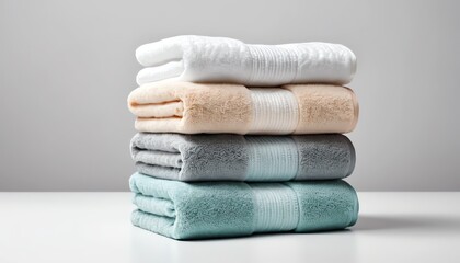 Stack of Soft Luxurious Bath Towels in Pastel Colors White Beige Gray and Teal Perfect for Hotel Spa or Home Bathroom