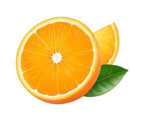 Bright orange fruit with sliced half showing juicy interior and fresh colors on a white background