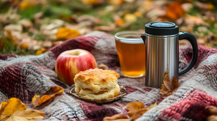 Cozy autumn picnic scene featuring apple, biscuit, beverage and thermos on blanket