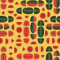 Seamless pattern with Black Beauty Watermelon.Fruit and vegetables. Flat style. Isolated vector illustration.