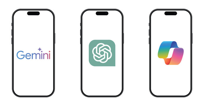 High resolution Google Gemini Chat GPT Microsoft Copilot logo transparent png isolated on a smartphone screen. Google gemini ai icon vector illustration