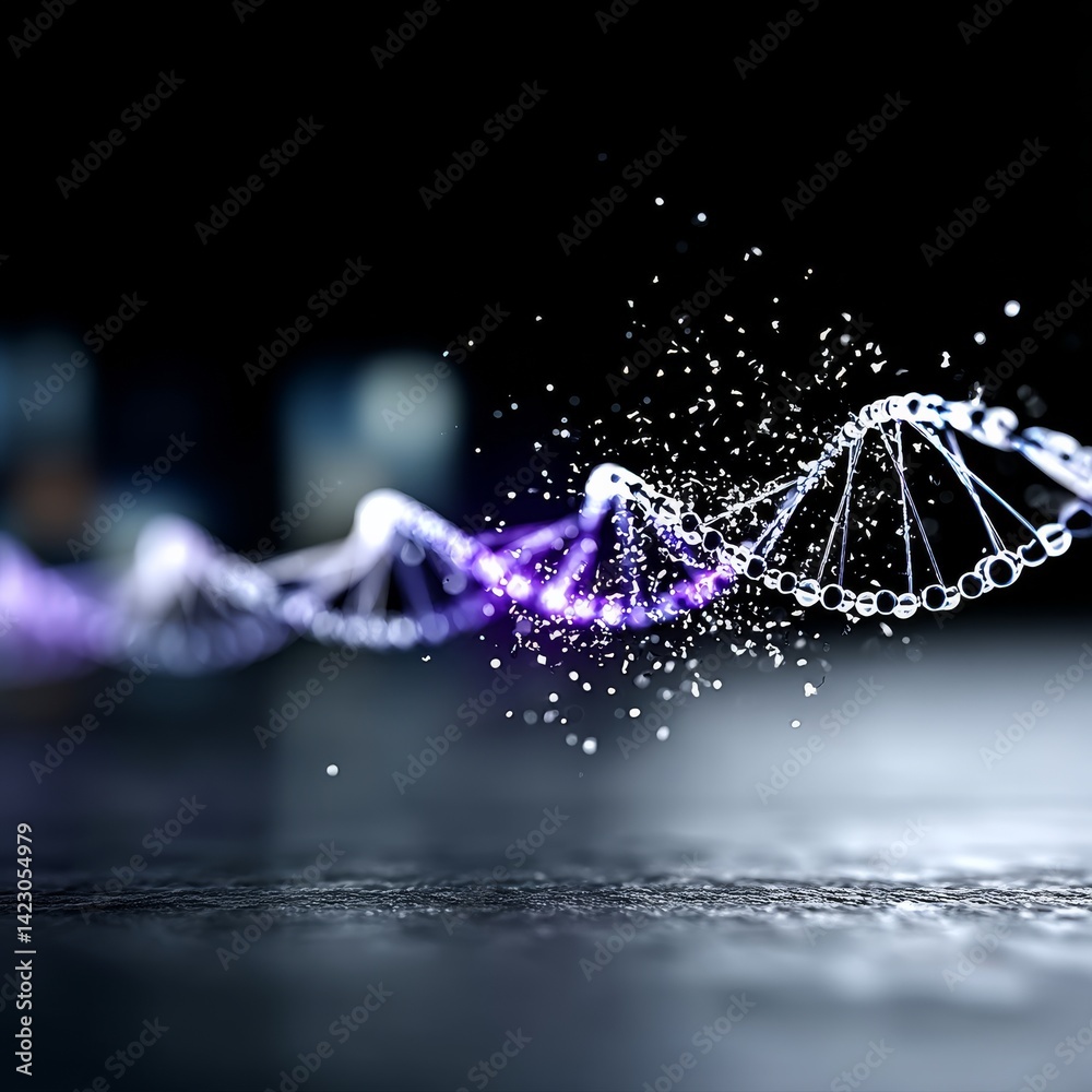 Poster DNA Strand Fragmentation: A Visual Depiction of Genetic Instability with Dark Background and Light Effect Details