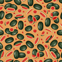 Seamless pattern with Black Beauty Watermelon. Citrullus lanatus. Vegetables. Isolated vector illustration.